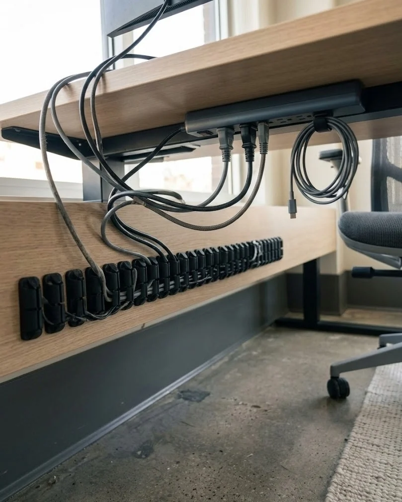 Adhesive cable clips organizing cords under a rental desk edge