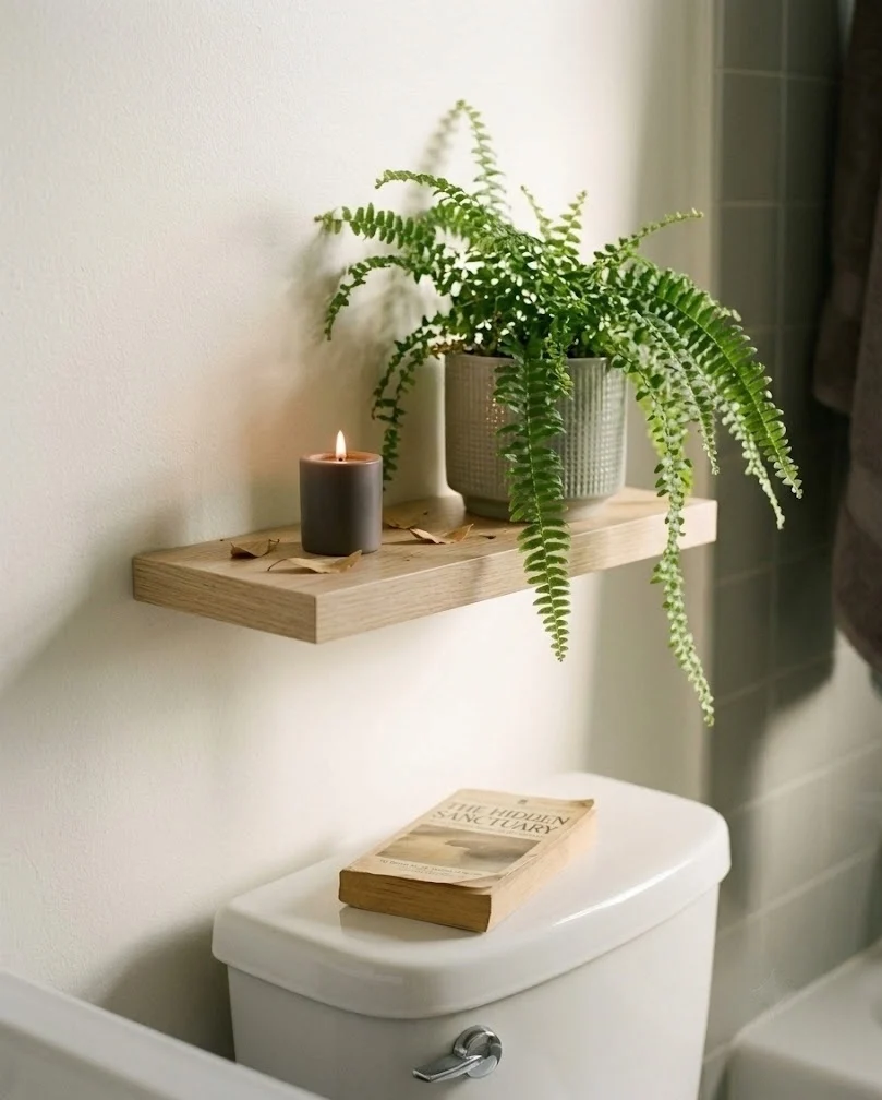 Small adhesive floating shelf above a toilet holding a plant and a candle.