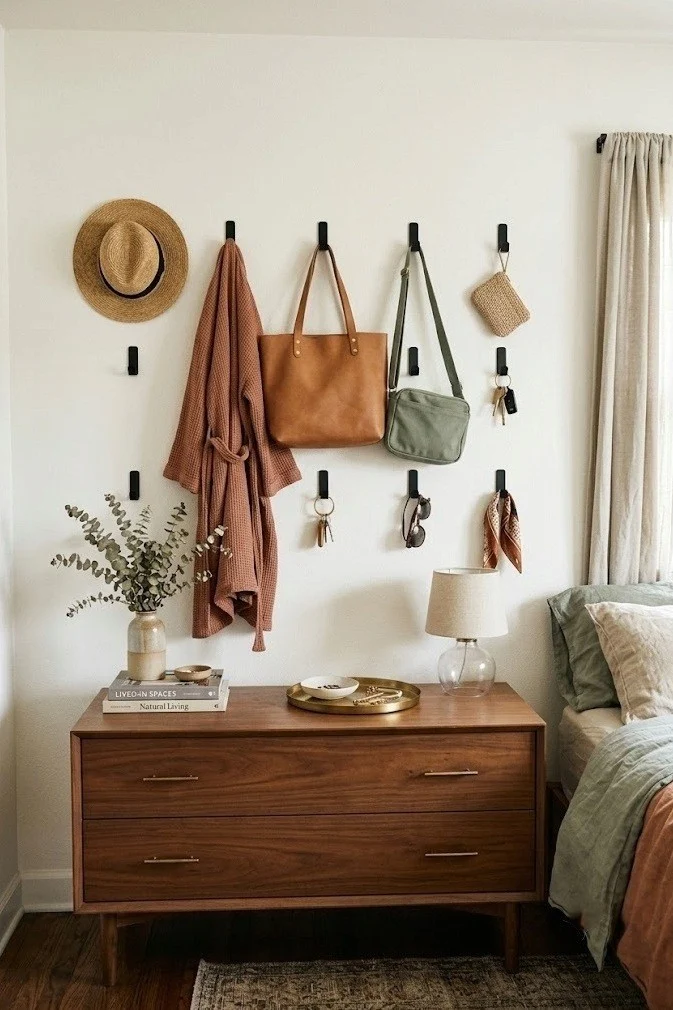 Grid of adhesive hooks holding bags and a robe above a bedroom dresser