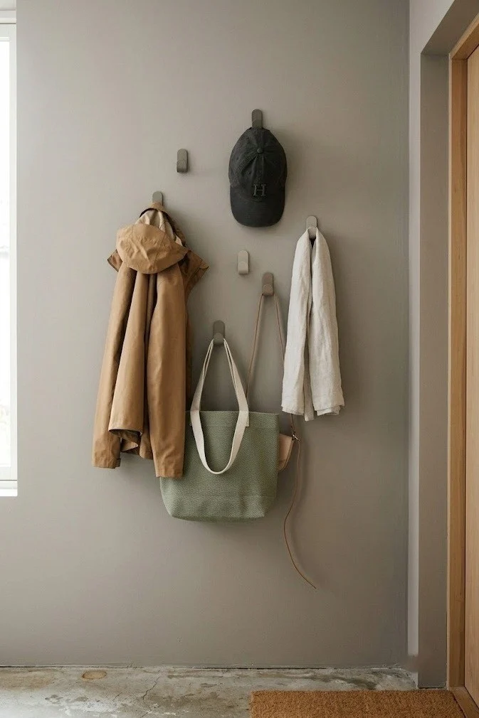Cluster of adhesive wall hooks holding lightweight jackets and bags, no drilling