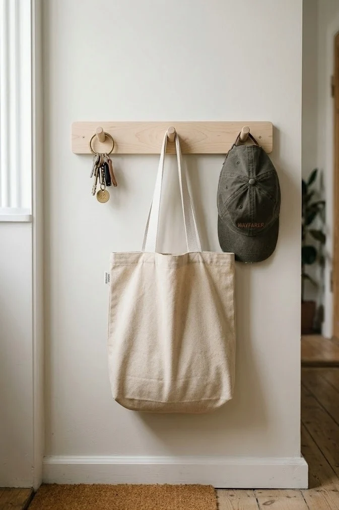 Adhesive peg rail holding keys and a tote bag in a no-drill apartment entryway