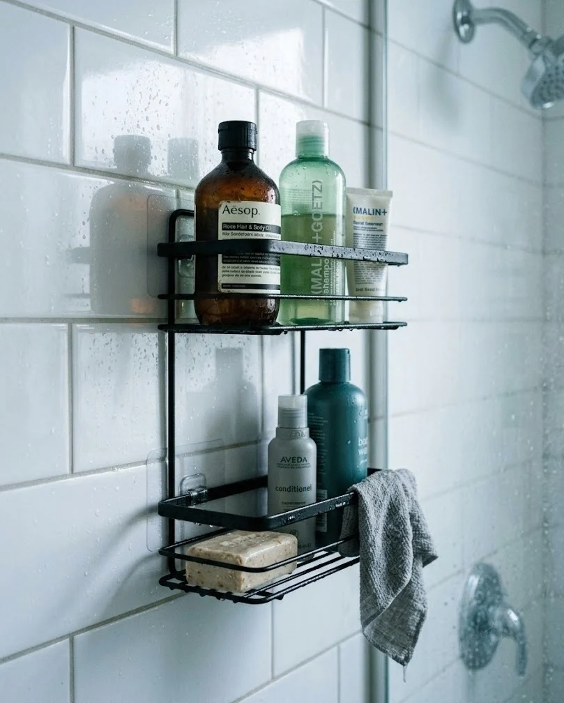 Adhesive shower caddy holding bottles on a glossy tile inside a shower.
