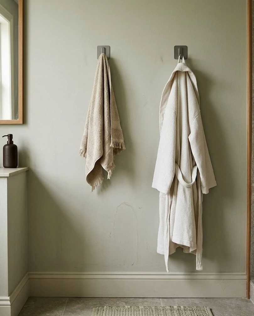 Adhesive wall hooks holding a hand towel and robe on a painted bathroom wall.