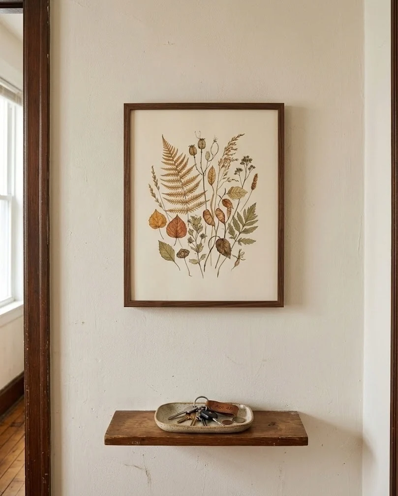 Amber botanical print on a small apartment entryway wall