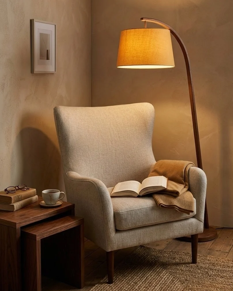 Slim amber floor lamp lighting a reading corner in a small living room