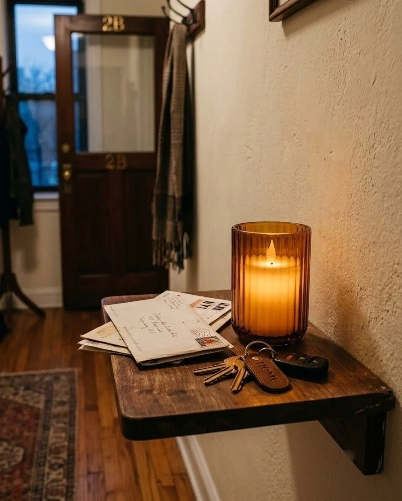 Amber glass LED candle glowing on a small apartment entry shelf at dusk