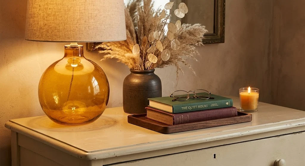 Amber glass table lamp and dried botanicals styled on a cream dresser as a cozy fall bedroom vignette