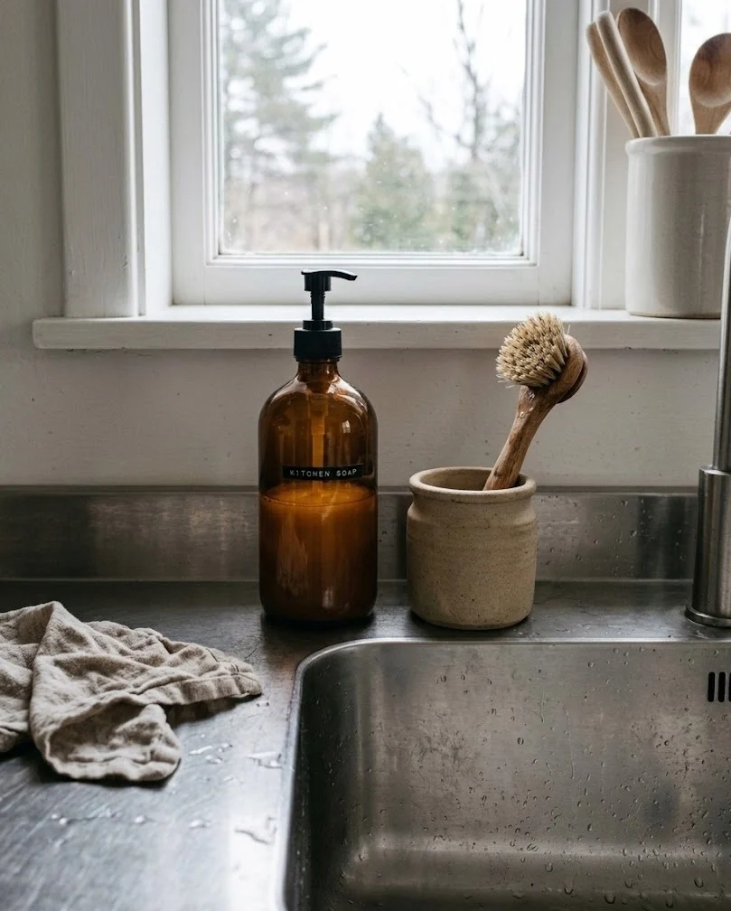 Amber soap bottle and wooden brush crock on a narrow kitchen sink ledge