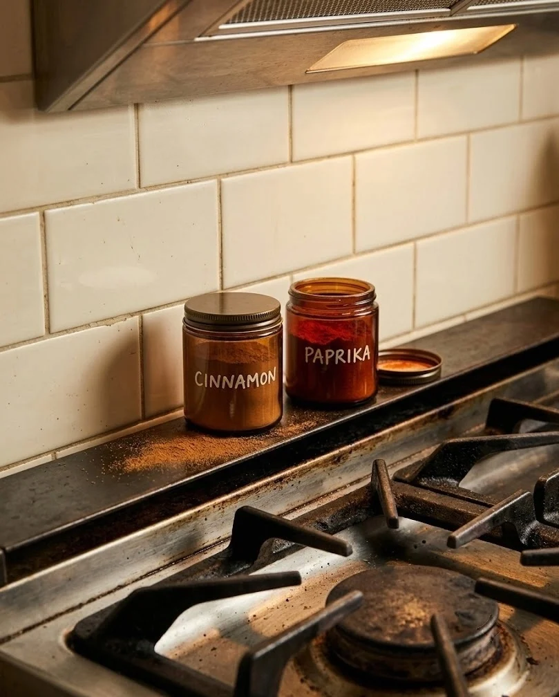 Two amber spice jars on the ledge behind a stove in a small kitchen