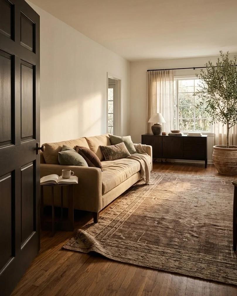 Sofa angled along the long wall with a corner door and diagonal path.