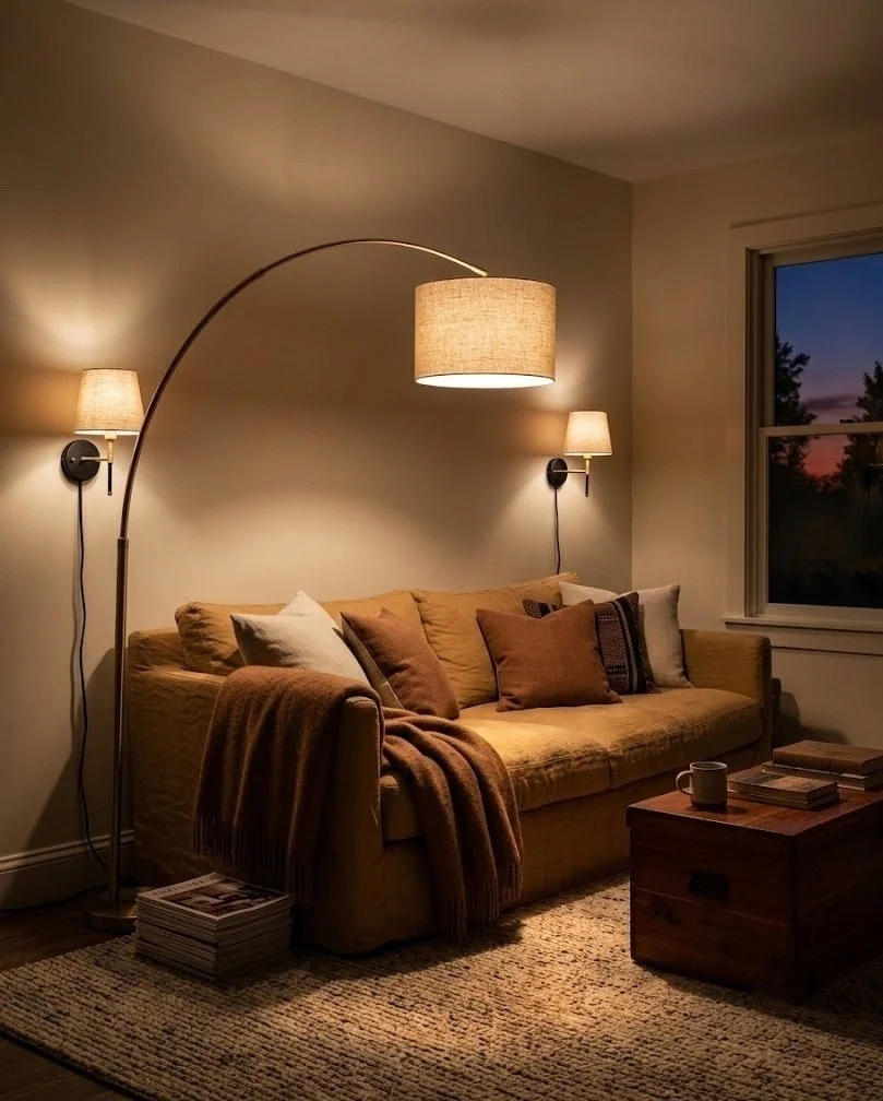 Small apartment living room lit by an arc floor lamp and two plug-in sconces.