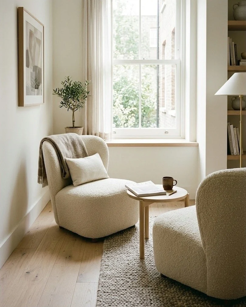 Two armless slipper chairs angled toward a small round table in a tight living room.