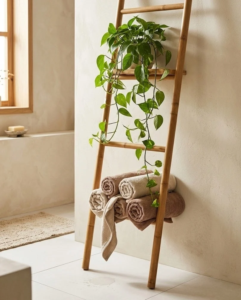 Leaning bamboo ladder shelf with rolled towels and a trailing plant in a bright bathroom.