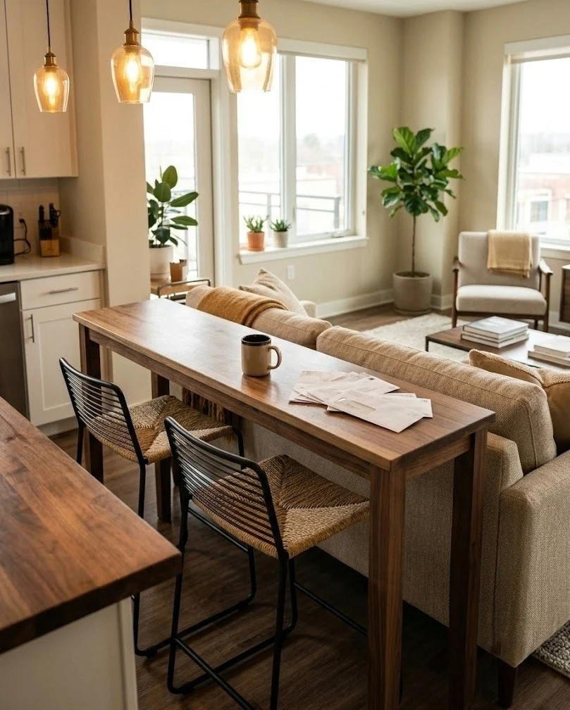 Bar-height console behind a sofa with two stools facing the kitchen.
