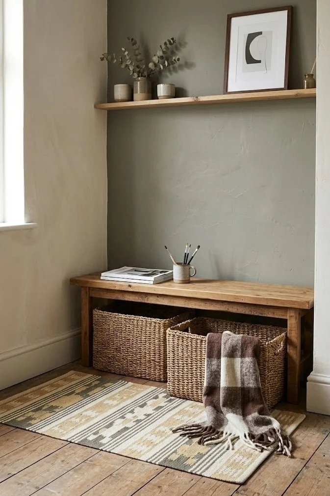 Bench and baskets forming a landing strip in a studio apartment corner