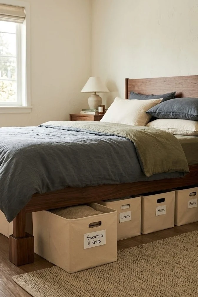 Bed on risers with labeled canvas bins in the new clearance underneath