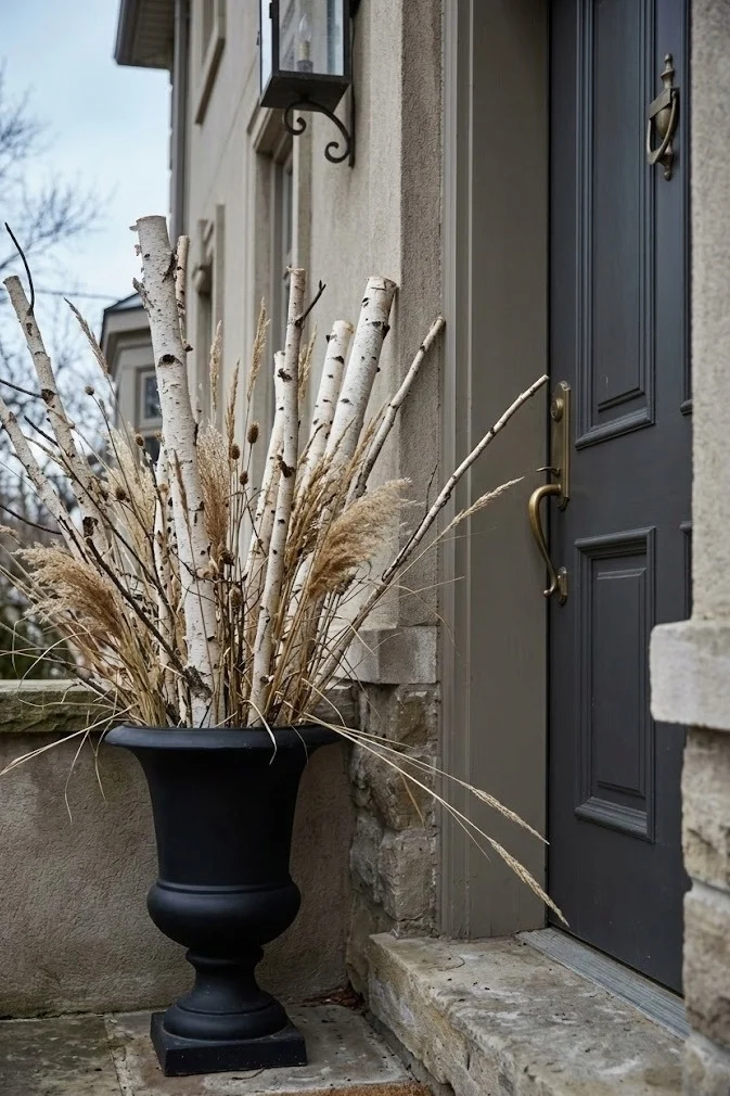 White birch branches in a tall black urn beside a front door