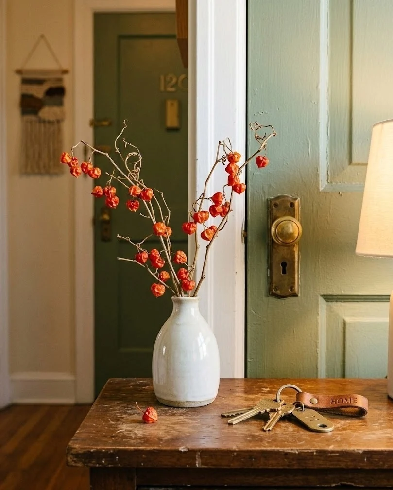 Dried bittersweet stems in a bud vase beside a small apartment door