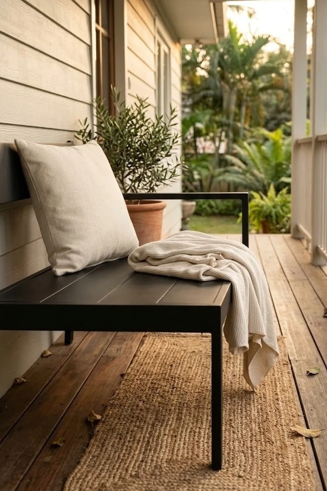 Black porch bench with a cream outdoor pillow and folded throw
