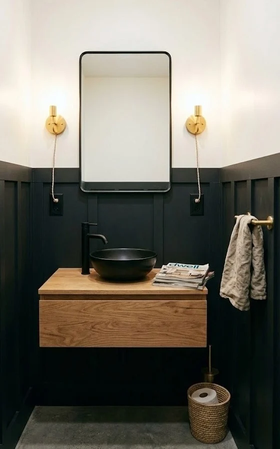 Black board-and-batten lower wall with twin plug-in brass sconces