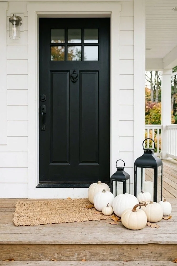 Black door with white pumpkins and lanterns, neutral fall porch decor