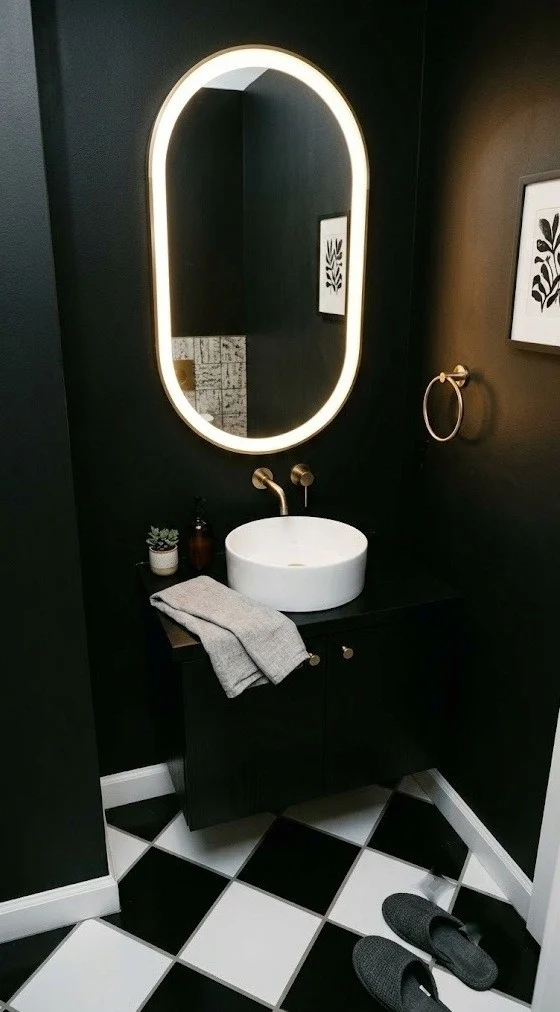 Black walls over a checkerboard floor with a capsule LED mirror
