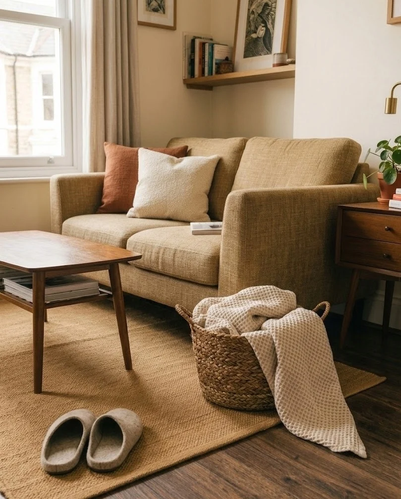 Waffle-weave blanket folded in a woven basket next to a small living room sofa