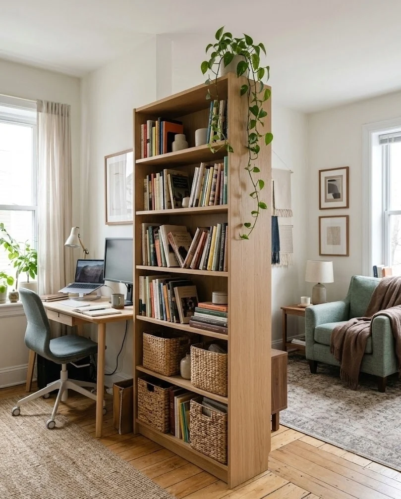 Bookshelf turned sideways dividing a room into a rental office zone