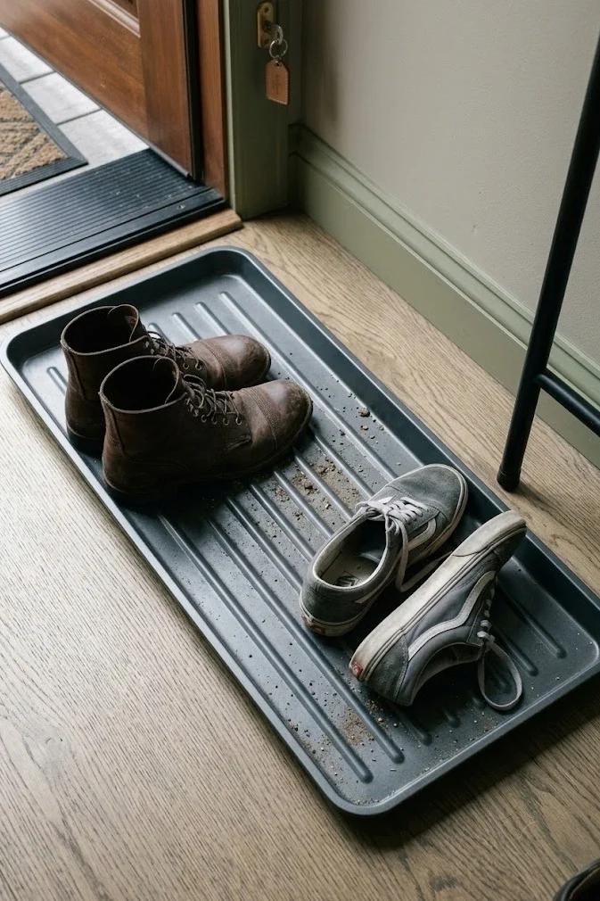 Boot tray corralling wet shoes as a small entryway idea for an apartment with no closet