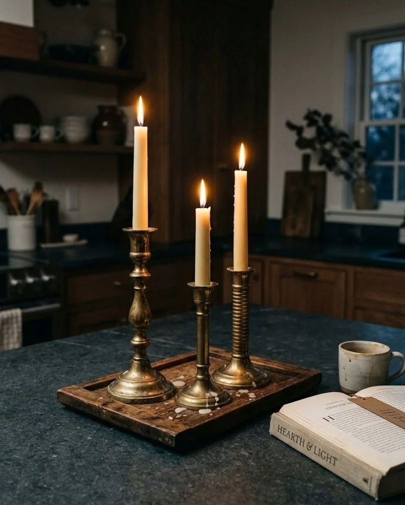Three mismatched brass candlesticks with cream tapers lit on a kitchen island tray