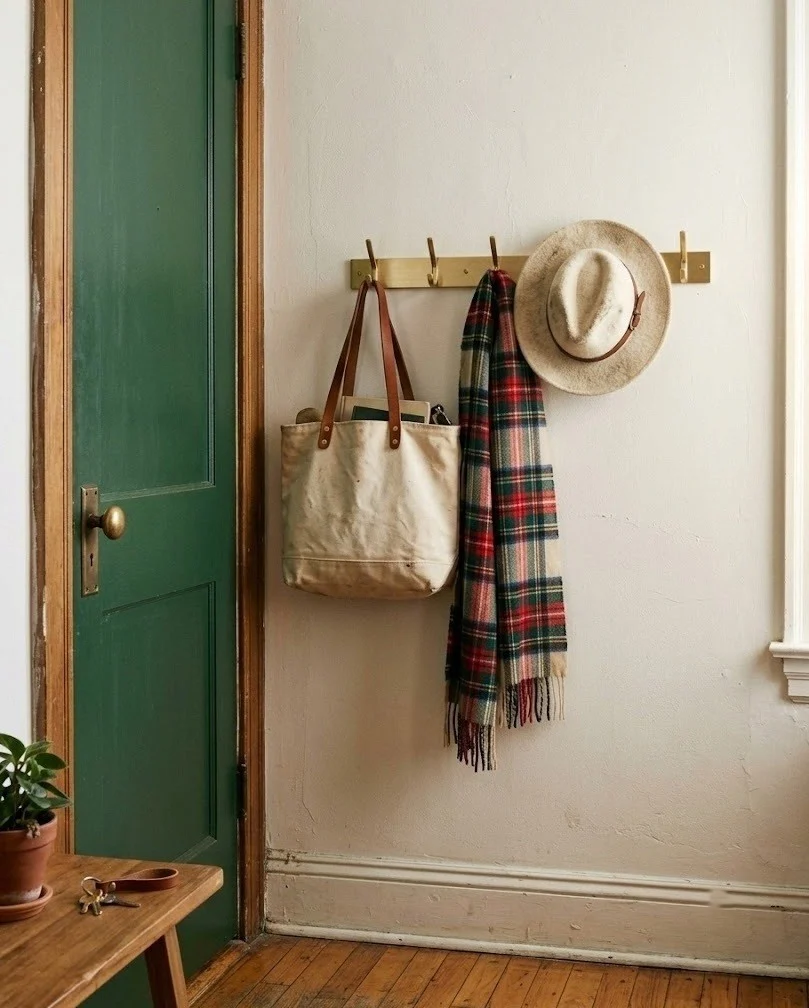 Brass hook rail with wool hat and scarf in a small apartment entry