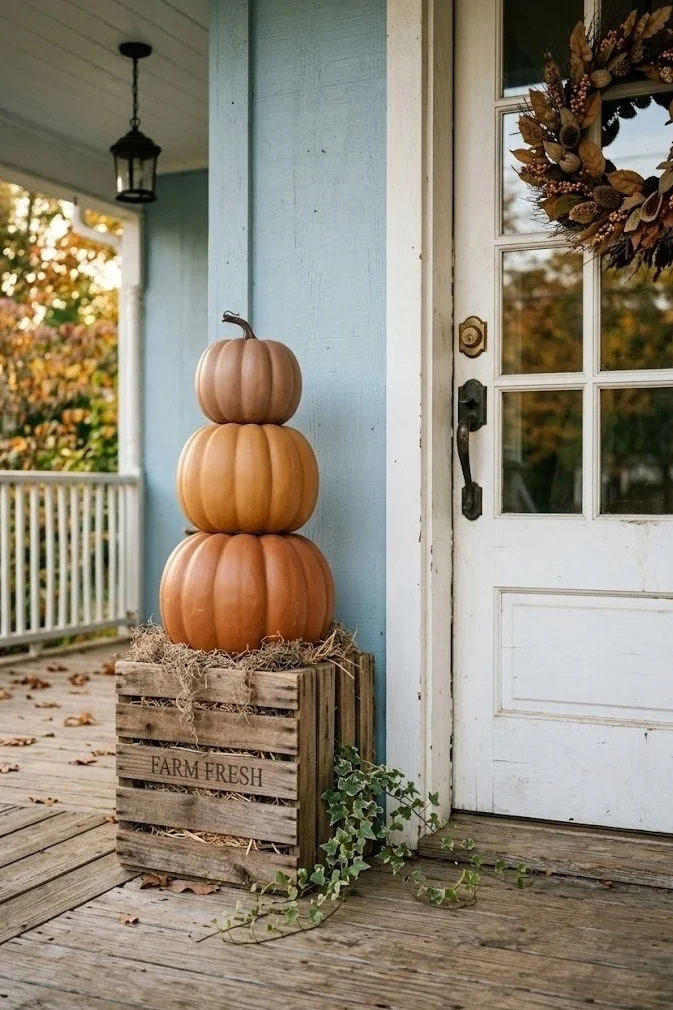 Stacked brown foam pumpkin topiary in a wooden crate by a door