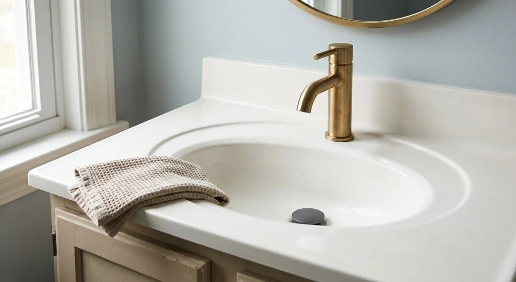 Brushed brass faucet swap on a white sink in a rental bathroom