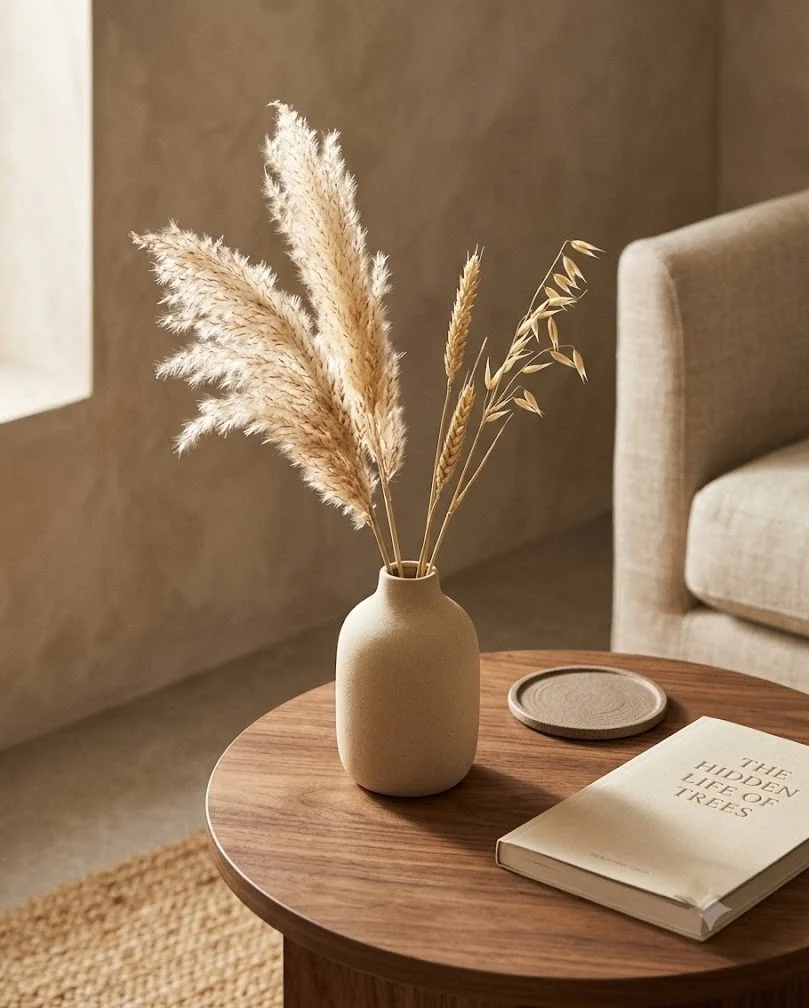 Ceramic bud vase with dried grasses on a small living room side table