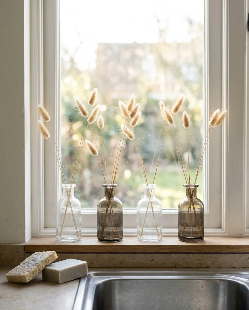 Small glass bud vases with dried bunny tail stems lined along a kitchen windowsill