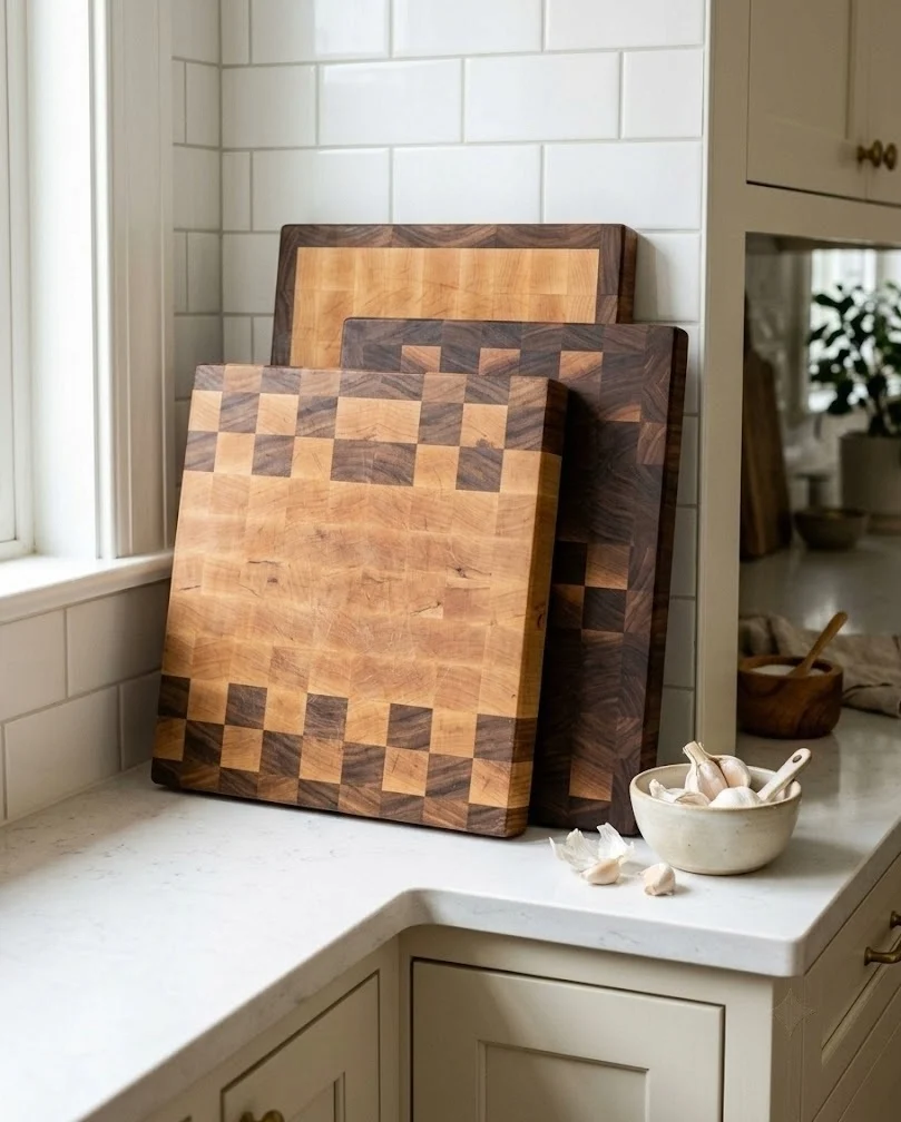 End-grain maple and walnut cutting boards leaned against a white tile kitchen backsplash