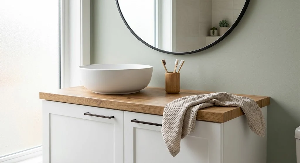 Butcher block vinyl countertop wrap on a white rental bathroom vanity