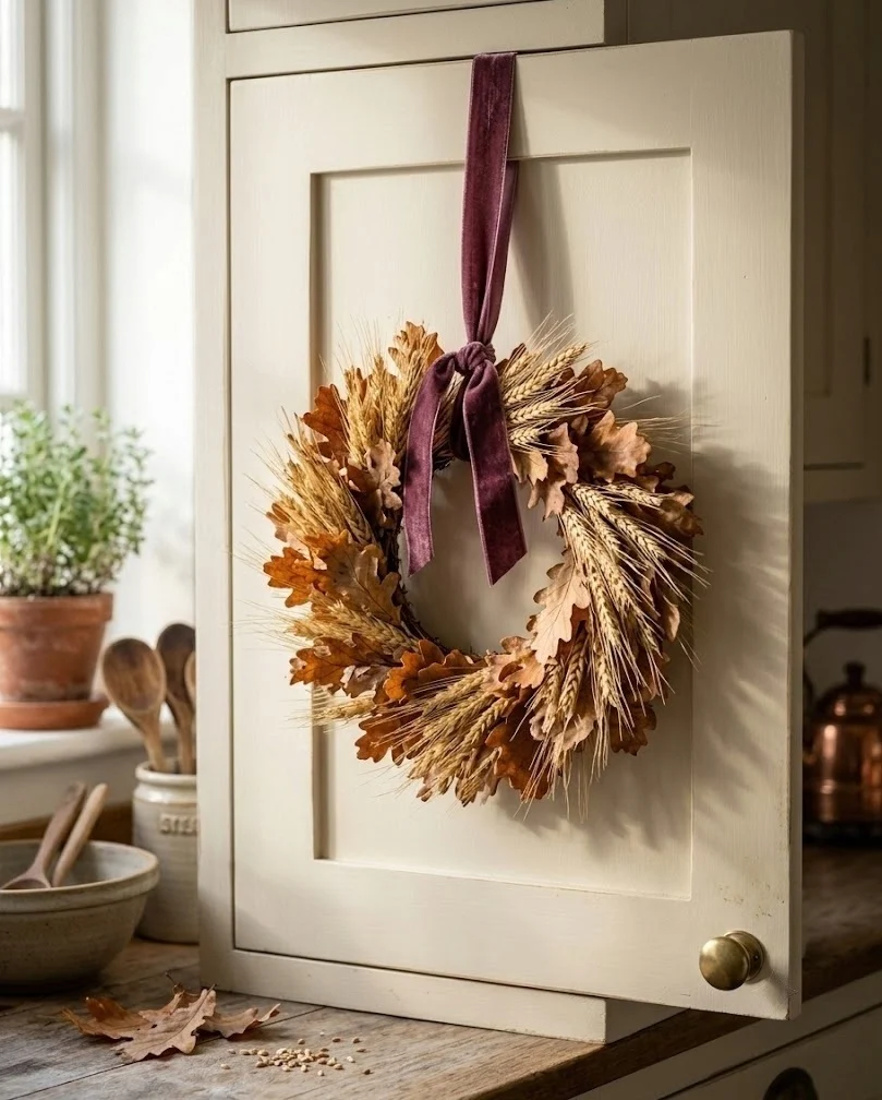 Small dried wreath hanging on a cream kitchen cabinet door