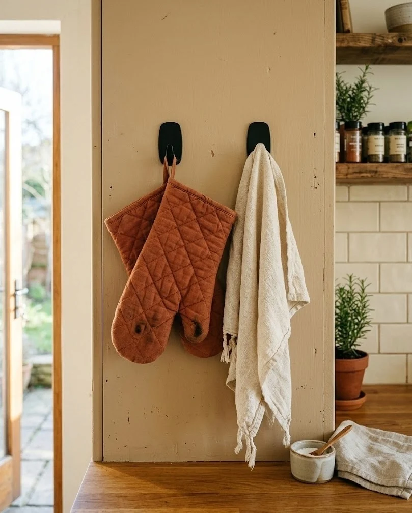 Rust oven mitts and a linen towel on hooks on a kitchen cabinet side panel