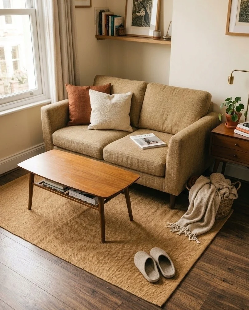Cozy fall living room with a warm camel low-pile rug under the coffee table in a small apartment