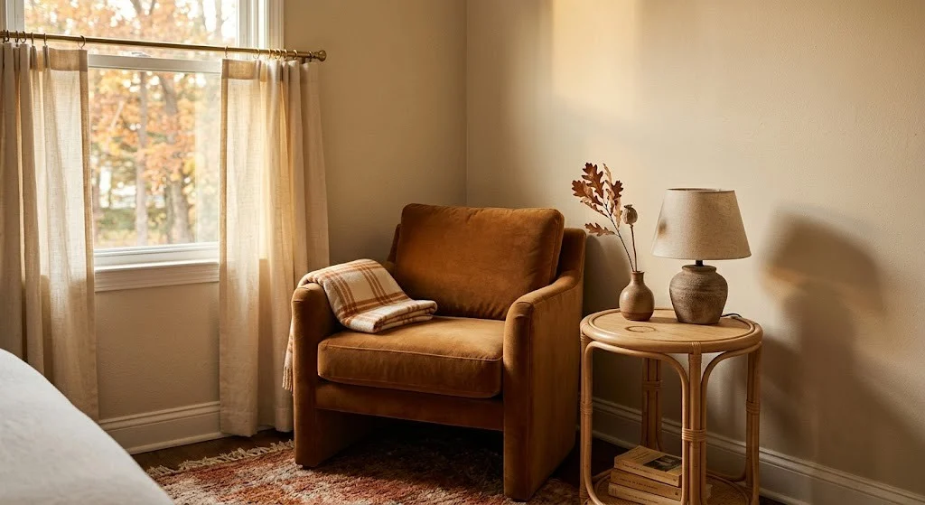 Caramel velvet accent chair in a warm neutral cozy fall bedroom corner with a rattan side table