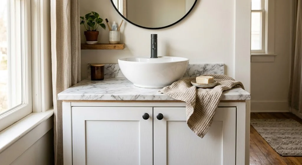 Renter friendly bathroom vanity makeover with Carrara marble peel-and-stick countertop film