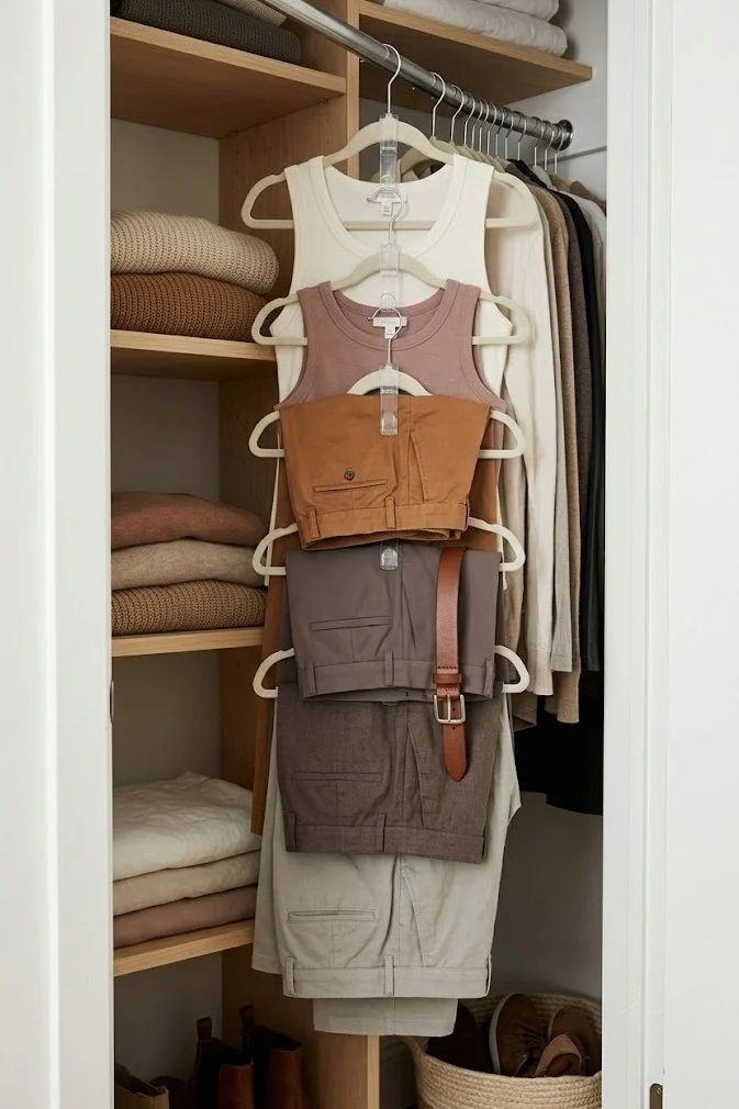 Small closet organization for renters using cascading hooks to stack hangers vertically