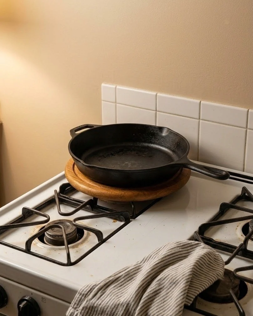 Cast iron skillet on a wooden trivet on a small kitchen stove