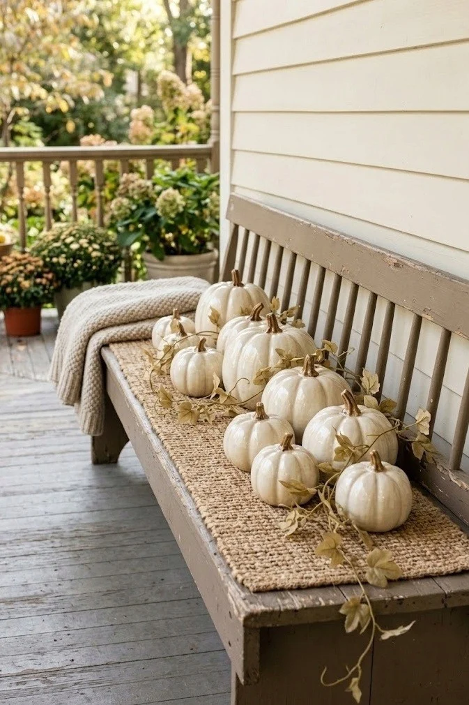 Cream ceramic pumpkins on a jute runner along a wooden porch bench