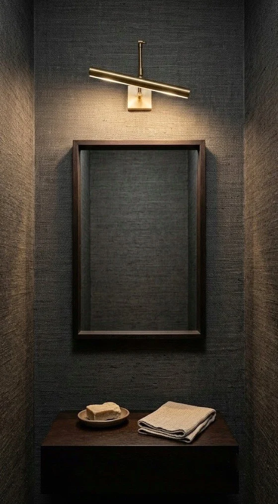 Charcoal grasscloth wall lit by a slim brass picture light in a half bath