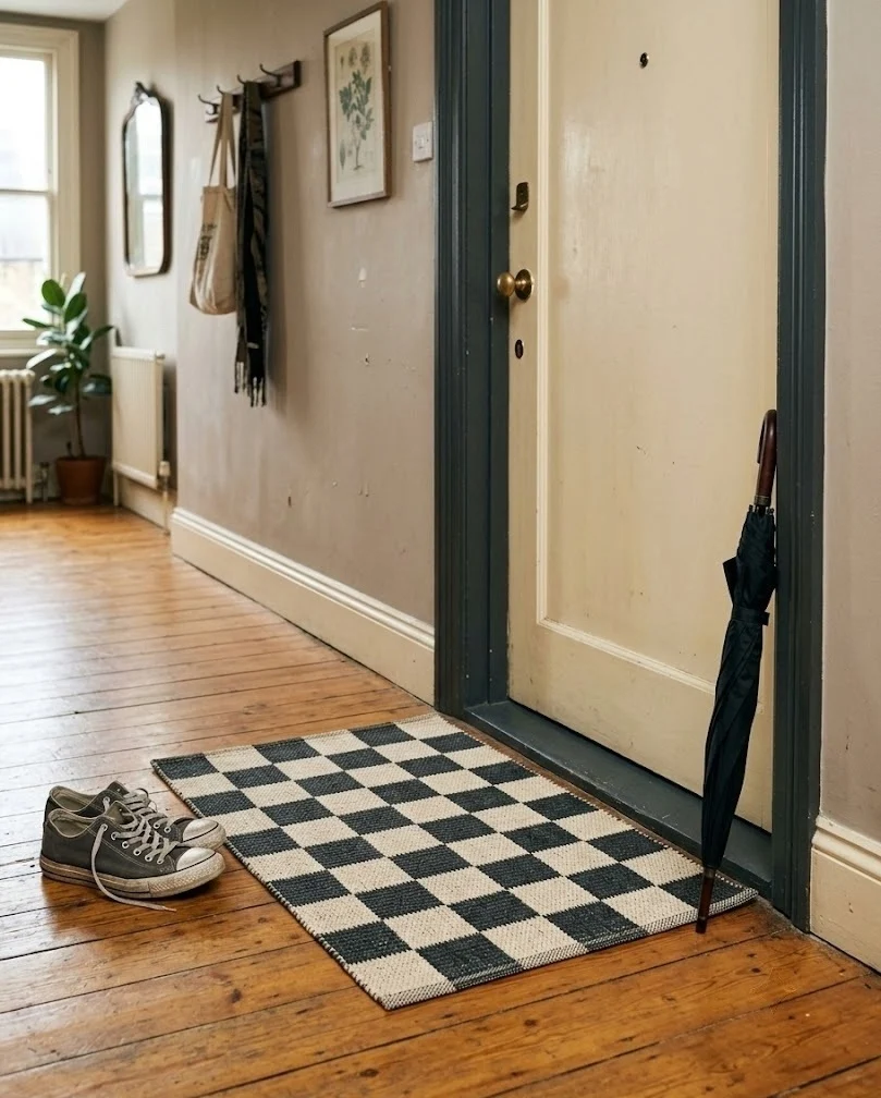 Black and cream checkered doormat over warm wood at an apartment door