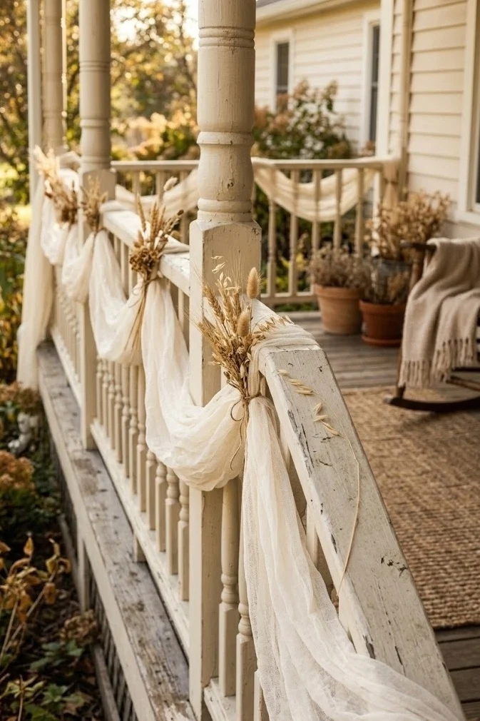 Cream cheesecloth and dried grass garland swagged along a porch railing