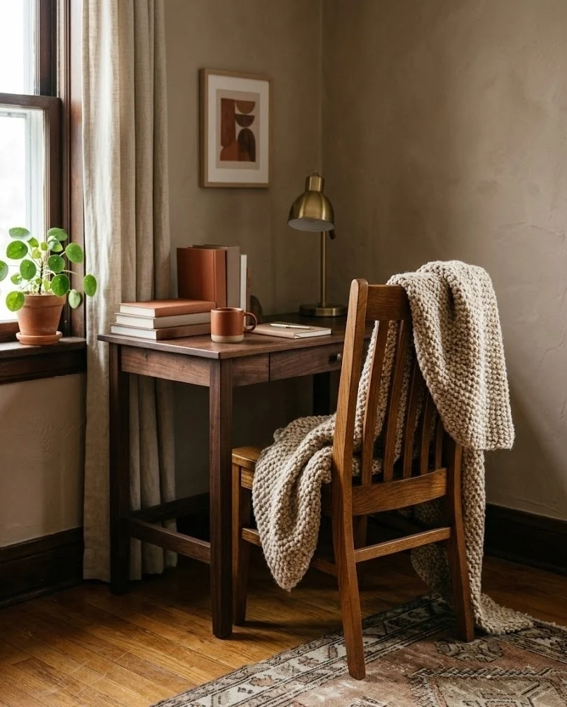 Cozy fall home office chair with a chunky oatmeal knit throw draped over the back
