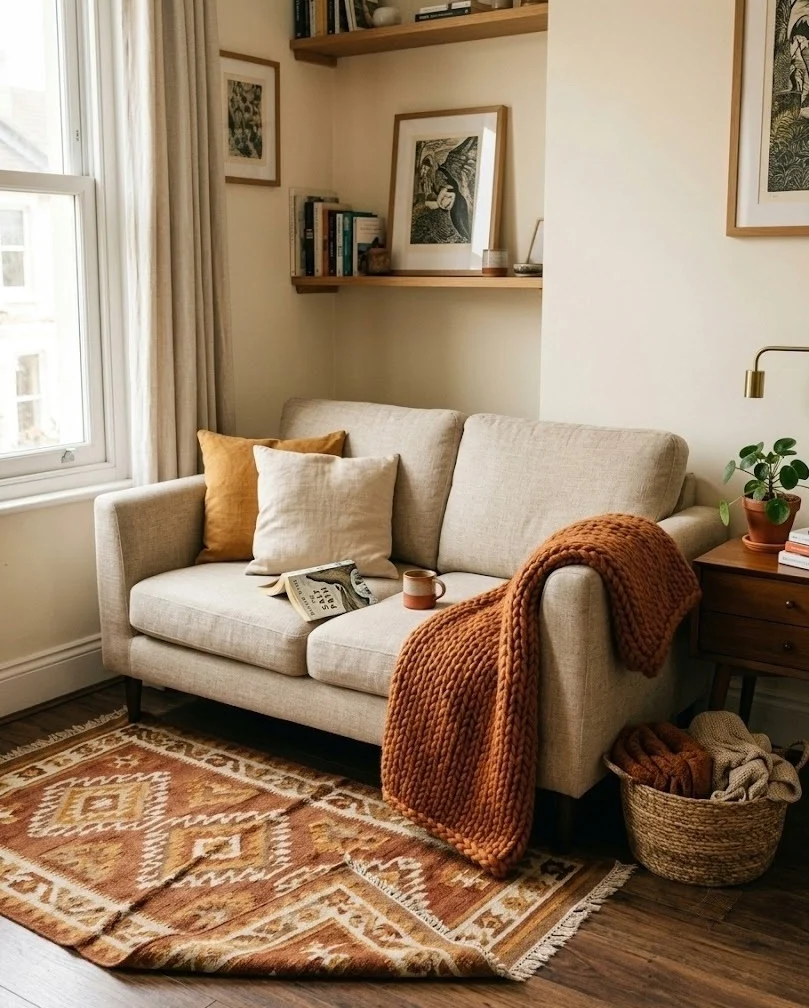 Cozy fall living room in a small apartment with a rust knit throw over the sofa arm